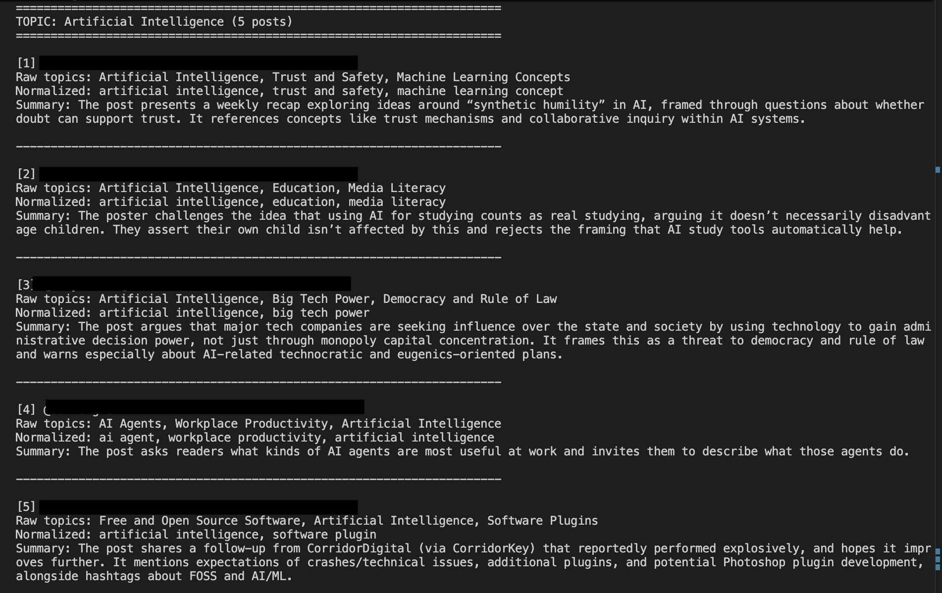 Grouped topic output